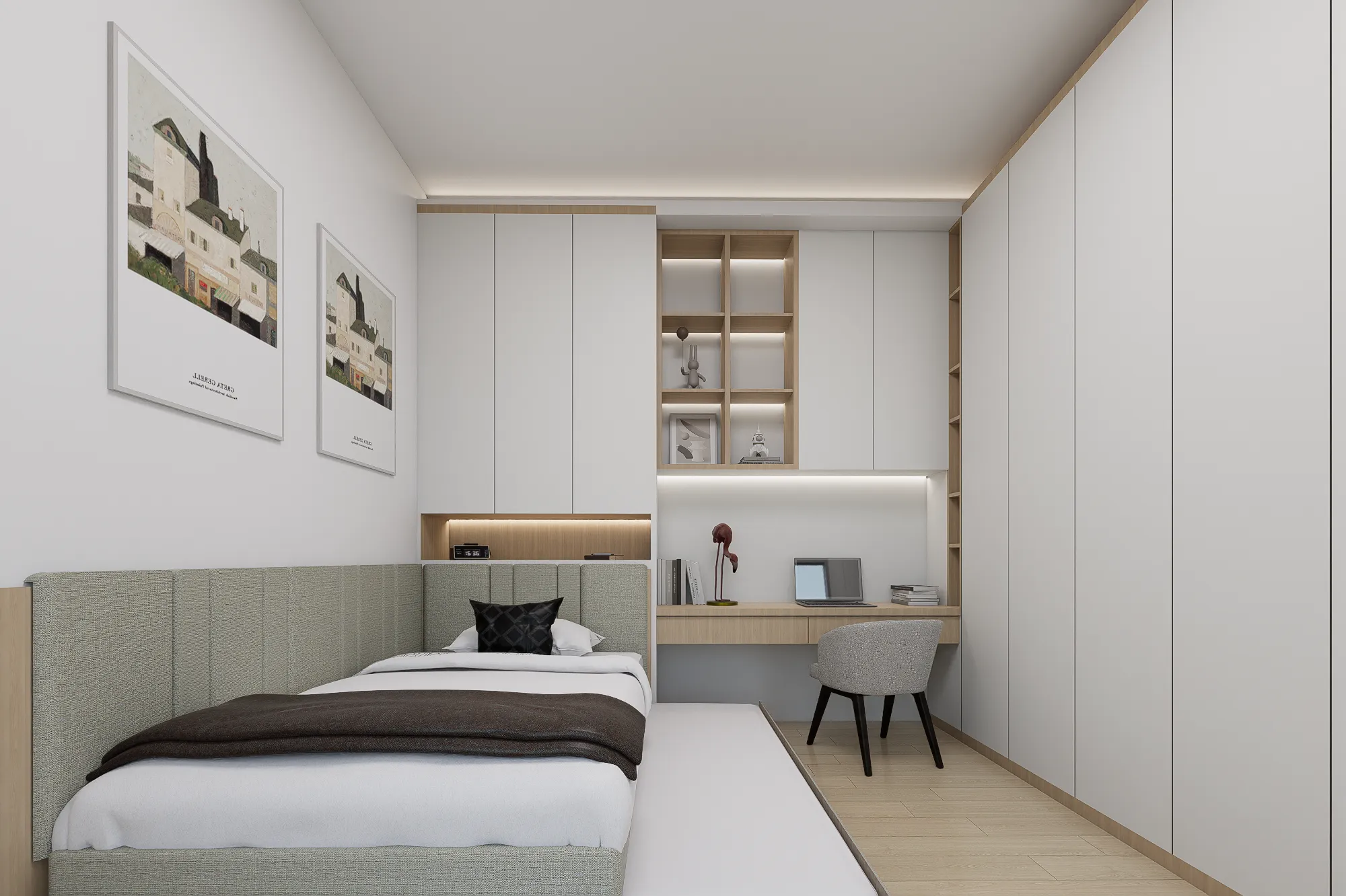 Render kamar anak dengan tempat tidur, meja belajar, dan lemari putih