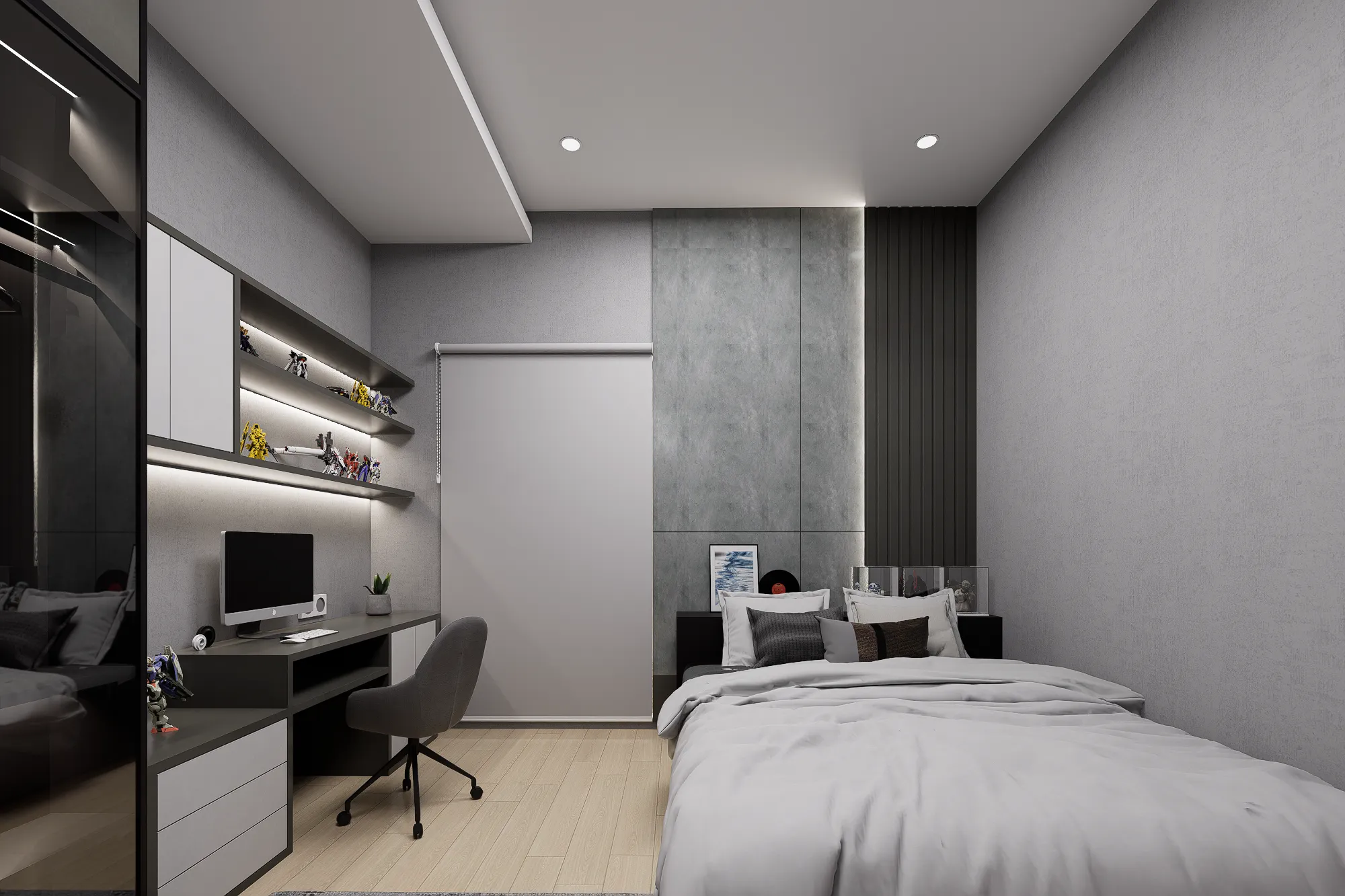 Render kamar anak bernuansa abu-abu dengan meja belajar dan tempat tidur