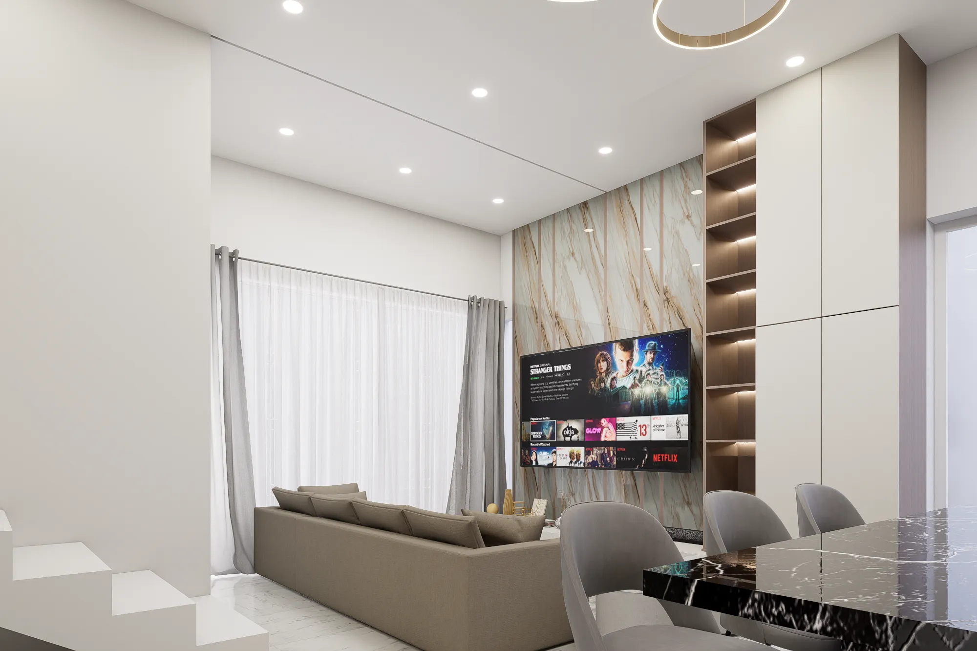 Render ruang keluarga dengan sofa, televisi, dan dinding marmer