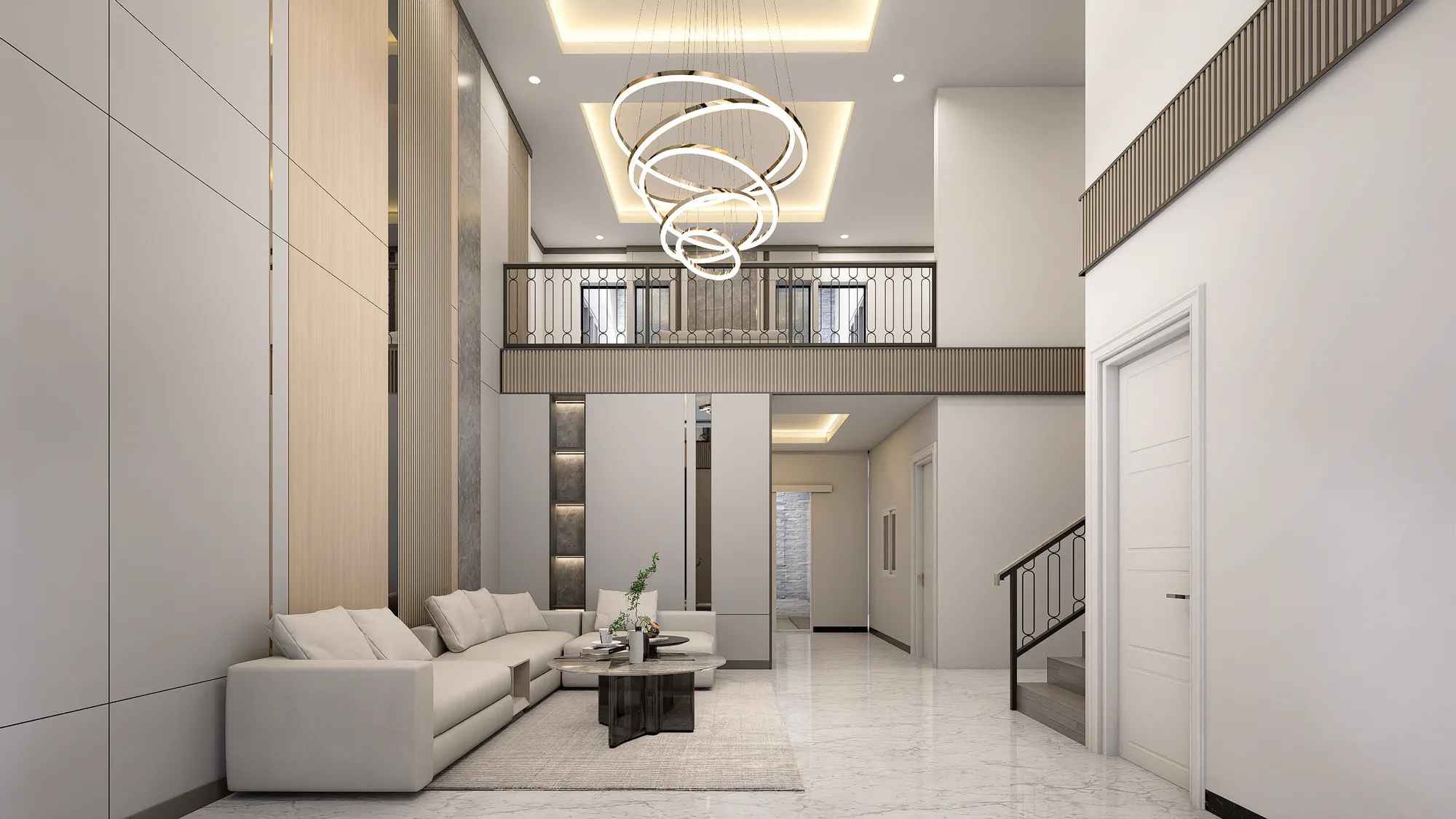 Render ruang tamu double height dengan sofa, lampu gantung, dan mezanin