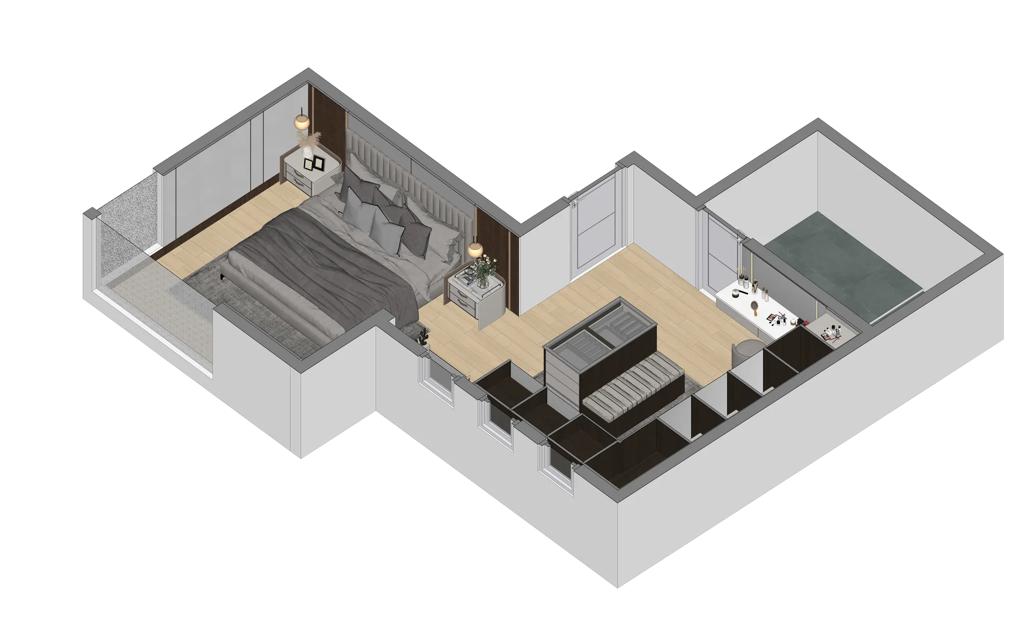 Denah isometrik 3D kamar utama