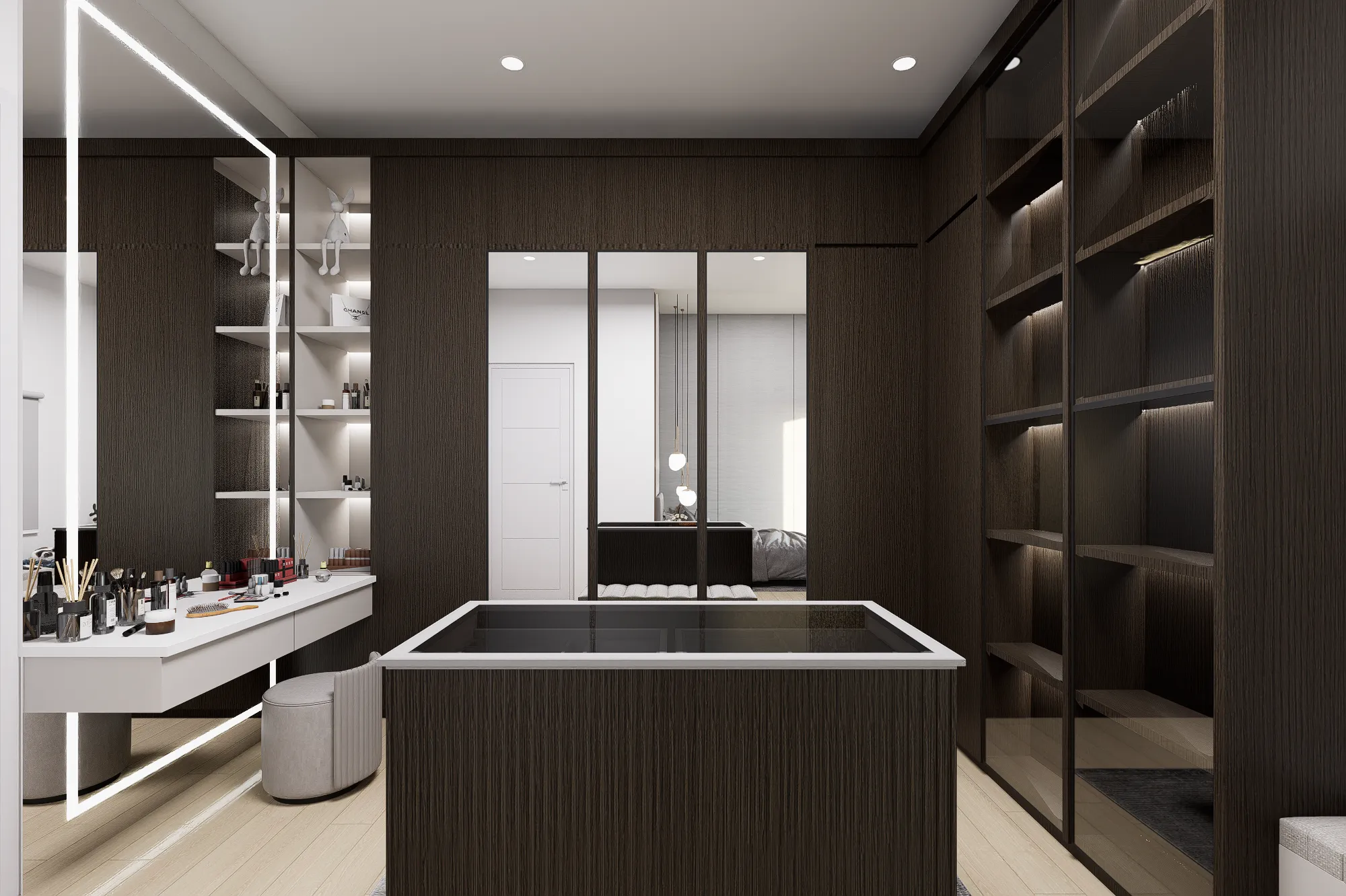Render ruang ganti dengan meja rias, island gelap, dan rak display