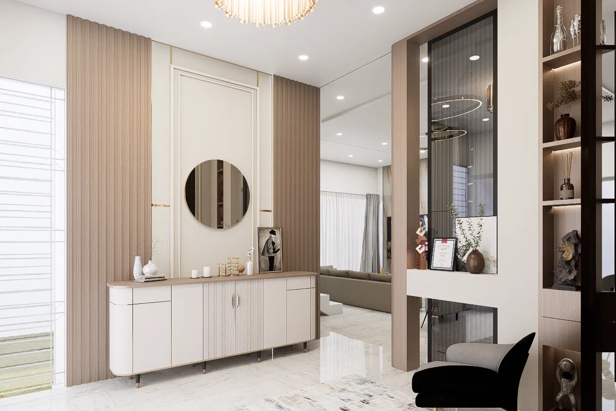Render ruang tamu dengan panel kayu, konsol, dan lemari display