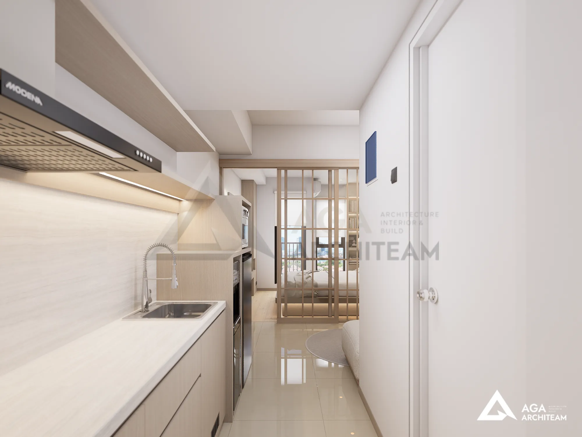 Render dapur galley dan area masuk apartemen studio Ciputra gaya Japandi - AGA Architeam