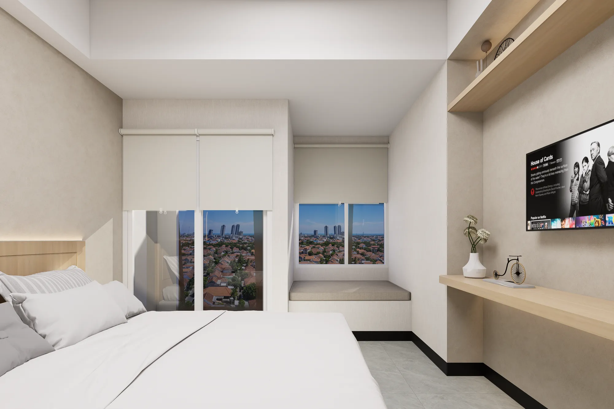 Render interior apartemen studio dengan tempat tidur, meja kerja kayu, televisi, dan jendela balkon