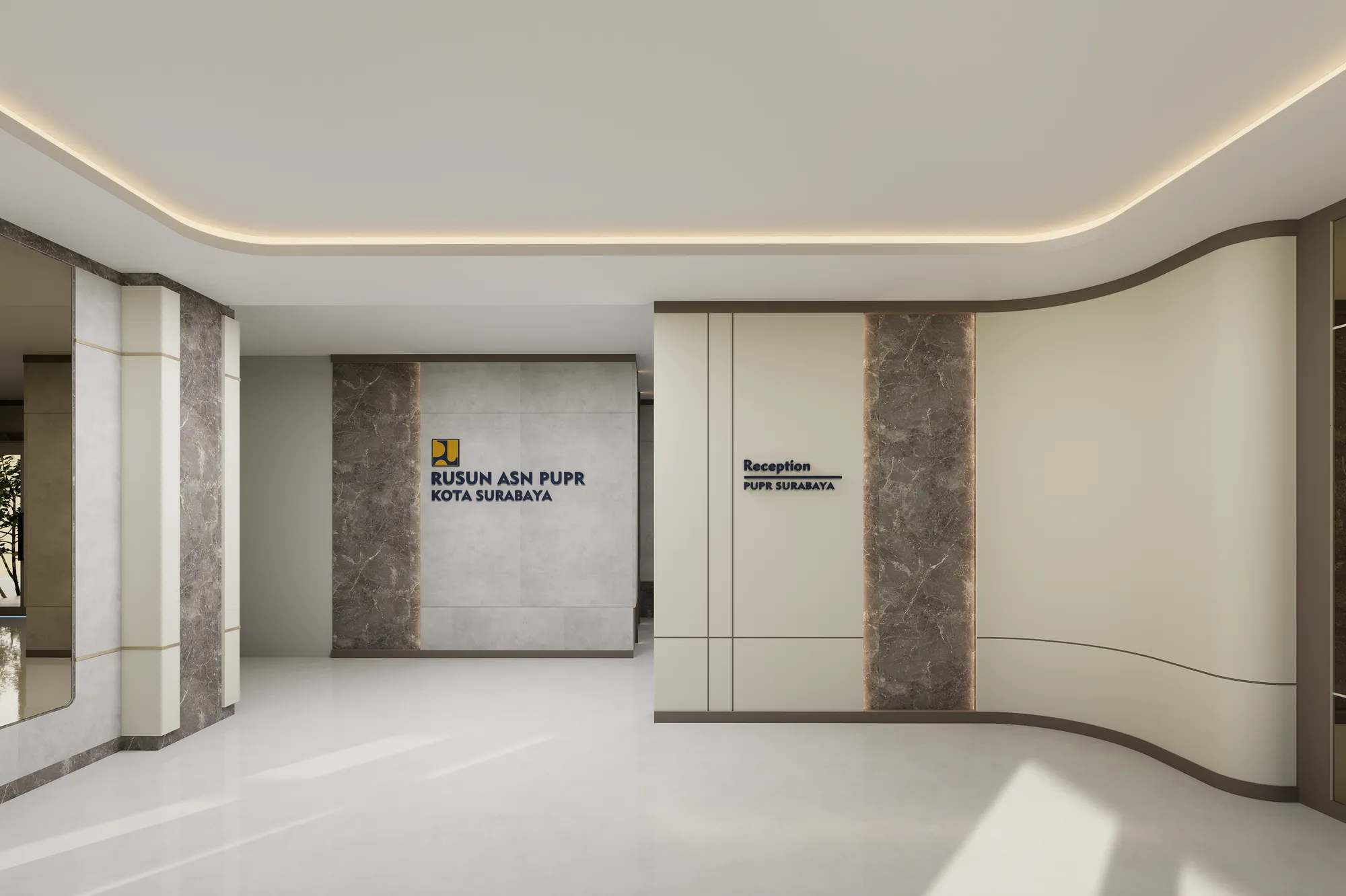 Area resepsionis lobby kantor BBWS Brantas dengan logo dan lampu plafon indirect