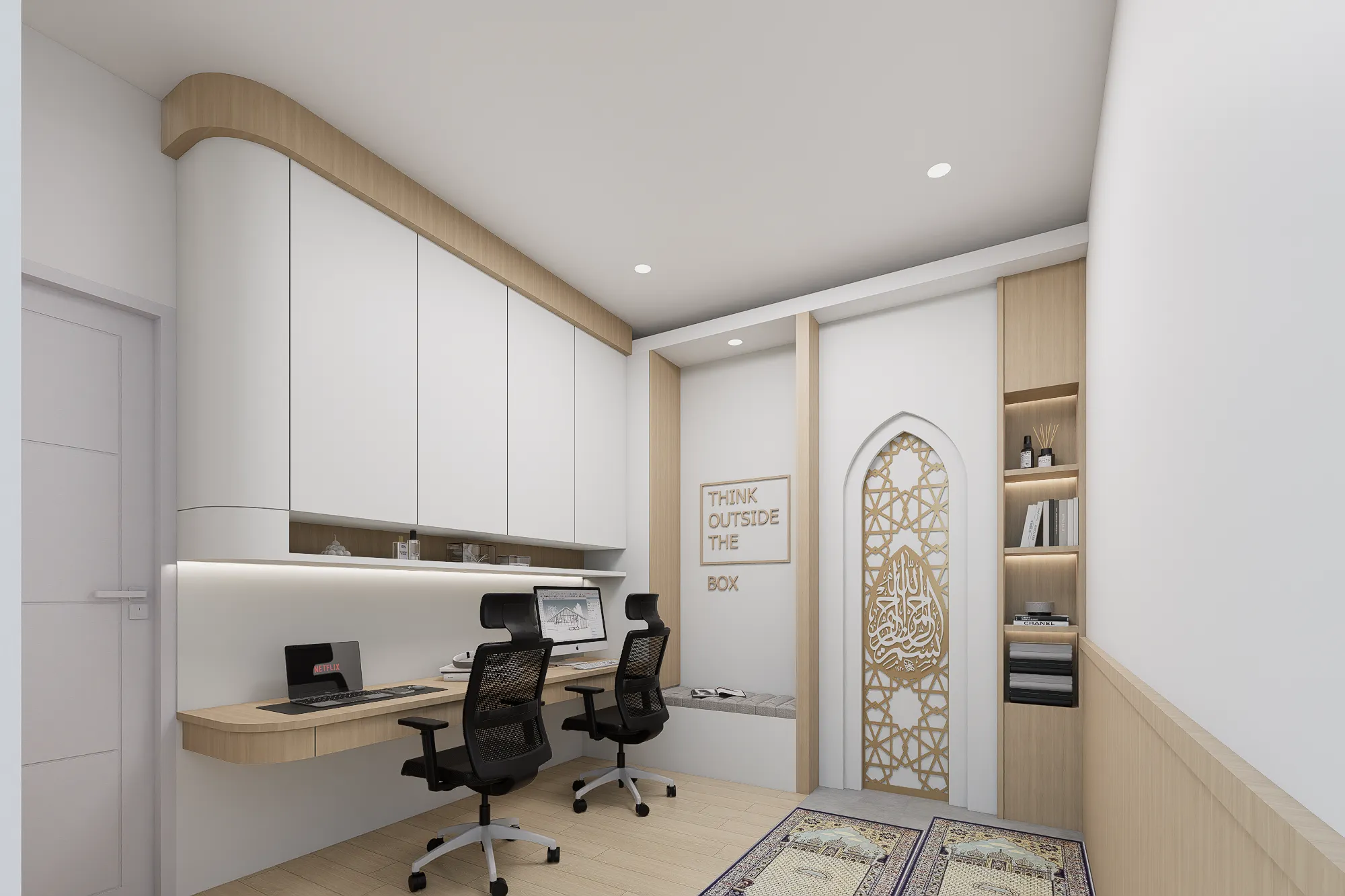 Render kamar anak dengan meja kerja built-in dan lemari bermotif