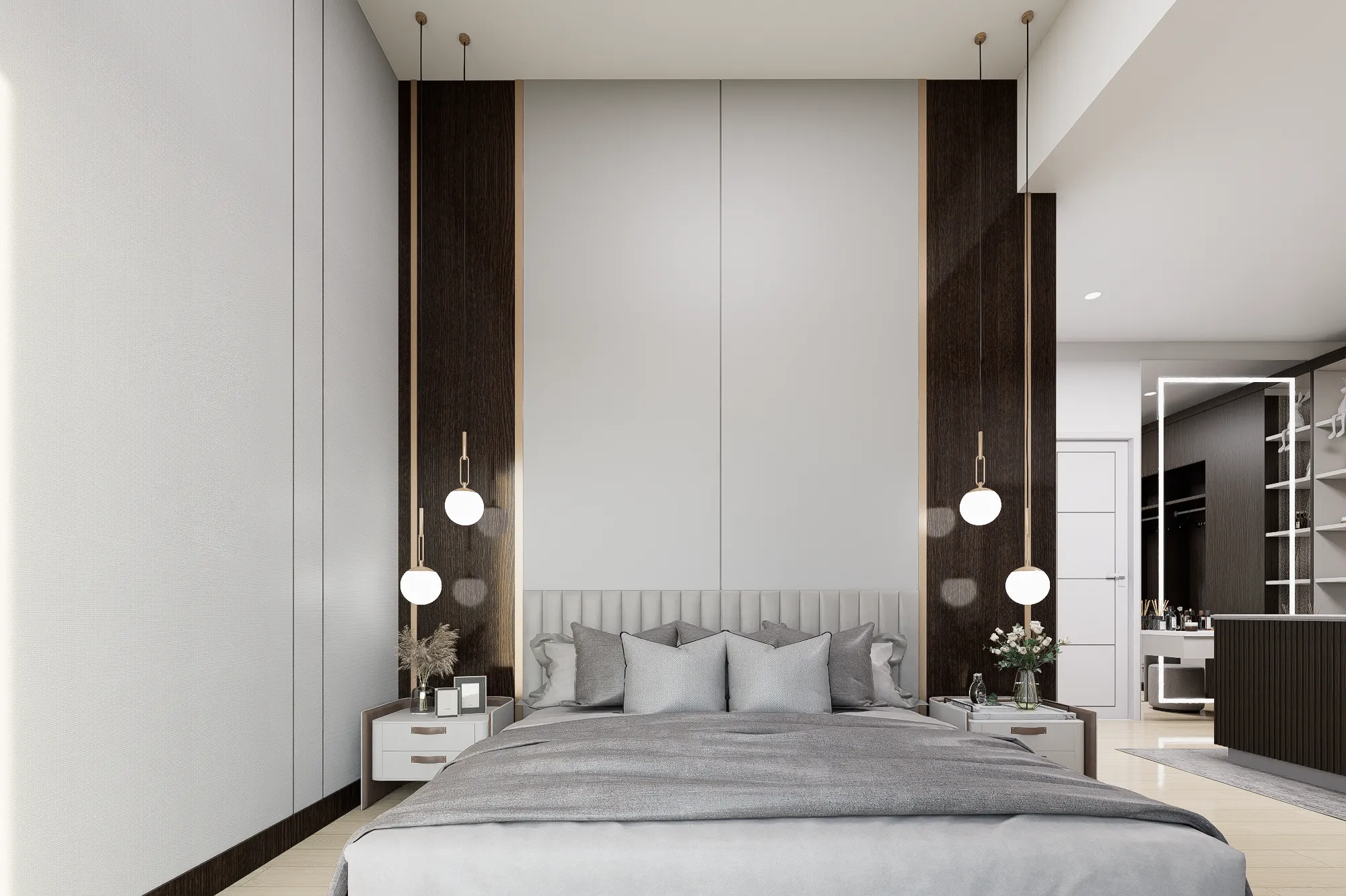 Render kamar tidur utama dengan headboard panel kayu gelap dan lampu gantung